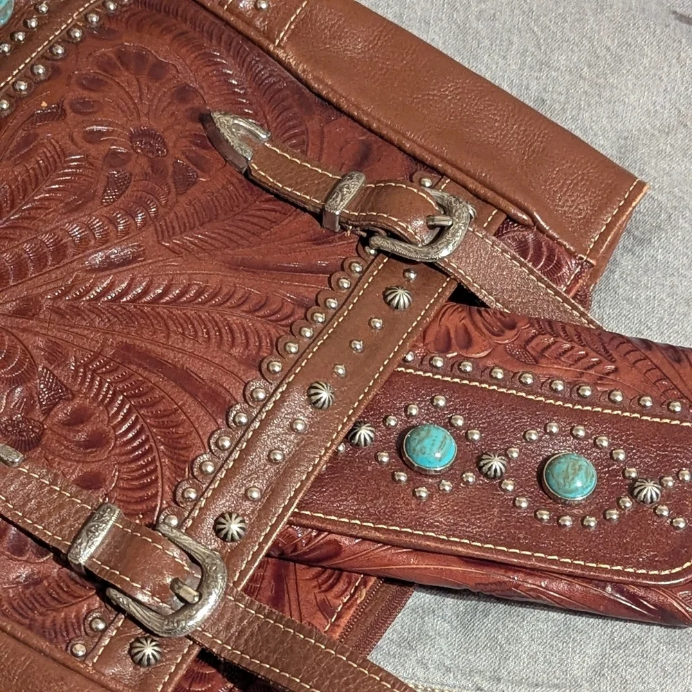 American West Brown Leather Shoulder Bag with Turquoise Accents - Picture 2 of 14